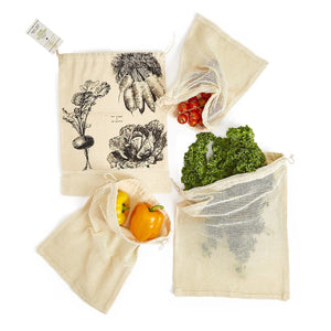 Reusable Natural Produce Bags with Retro Veggie Print - Set of 4
