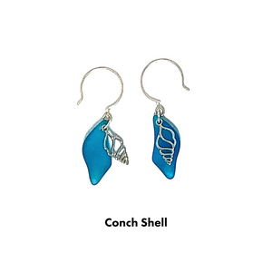 Recycled Glass Bead + Sterling Silver Earrings - Choose Conch Shell or Nautilus