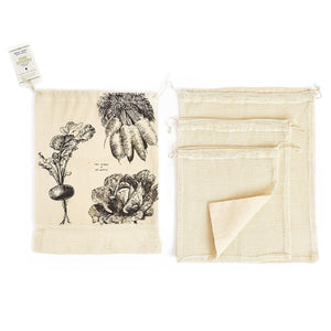 Reusable Natural Produce Bags with Retro Veggie Print - Set of 4