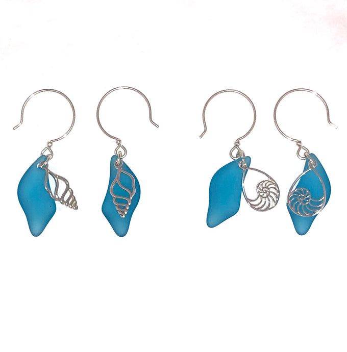 Recycled Glass Bead + Sterling Silver Earrings - Choose Conch Shell or Nautilus