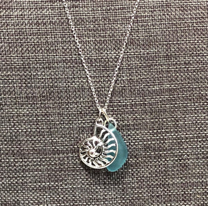 Sterling Silver Necklace with Recycled Blue Glass Bead & Nautilus Shell