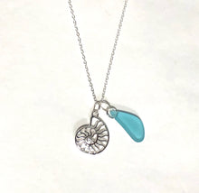 Load image into Gallery viewer, Sterling Silver Necklace with Recycled Blue Glass Bead &amp; Nautilus Shell