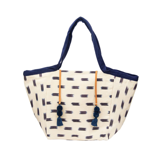 Large 'Rosa' Canvas Tote with Tassels - Off White + Navy