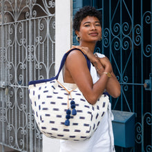 Load image into Gallery viewer, Large &#39;Rosa&#39; Canvas Tote with Tassels - Off White + Navy