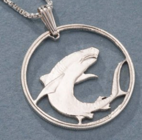 Great White Shark Coin Necklace Plated with Sterling Silver