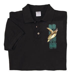 Luxury Soaring Sea Turtle Polo Shirt - Black Pique