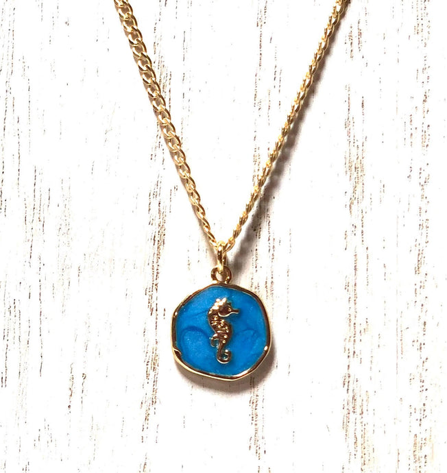 18K Gold-filled Enamel Sea Horse Charm with 10K Gold Chain Necklace