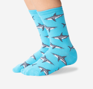 Kid's Size Great White Shark Jacquard Socks - Aqua Blue