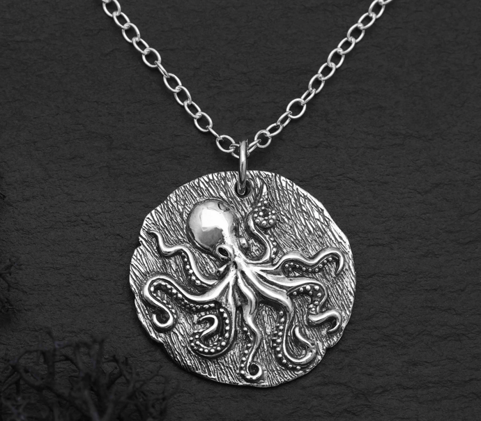 Sterling Silver Octopus Coin Pendant Necklace