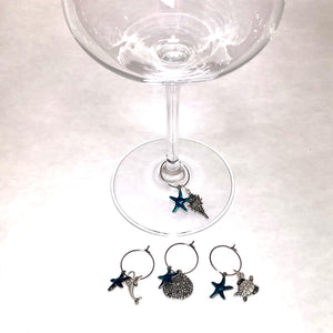 Sea Life Wine Glass Charms - 4PC Set W/Shell, Turtle, Dolphin, Star