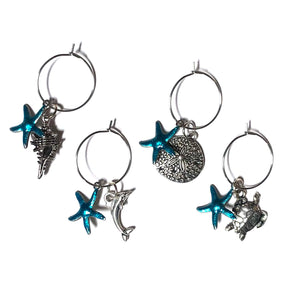 Sea Life Wine Glass Charms - 4PC Set W/Shell, Turtle, Dolphin, Star