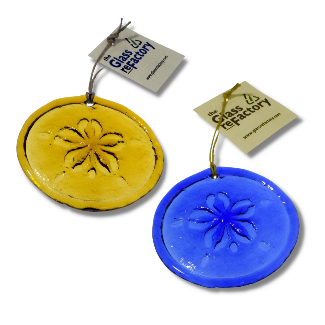 Recycled Pressed Glass Sand Dollar Sun Catcher - Choose Blue or Yellow